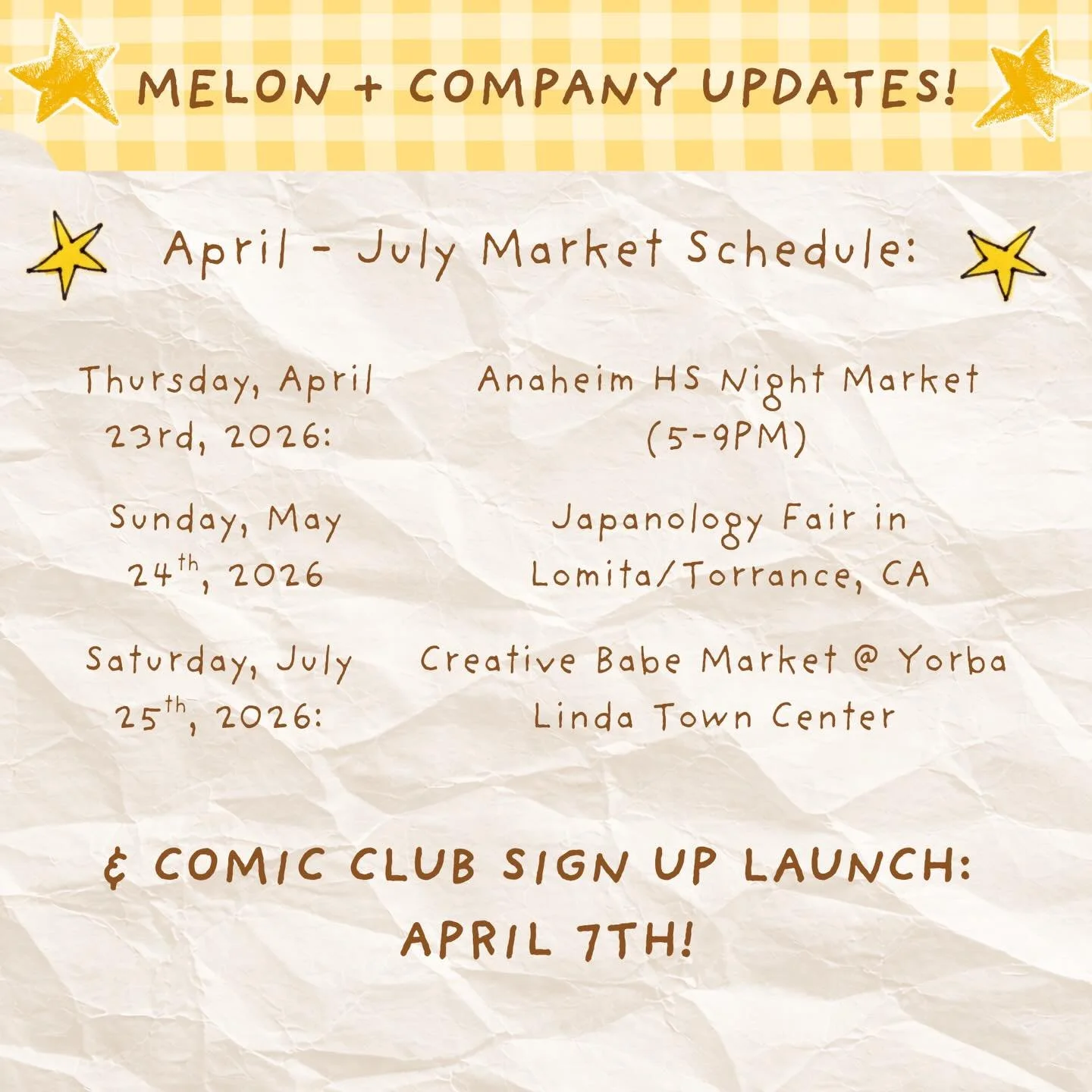 ⭐️melon + company updates⭐️ If you&rsquo;re in Southern California, I&rsquo;ll be vending at a few markets within the next few months! Check out the details here 😊 entering my market era and I am nervous but excited!

⭐️ Also, my comic club signup l