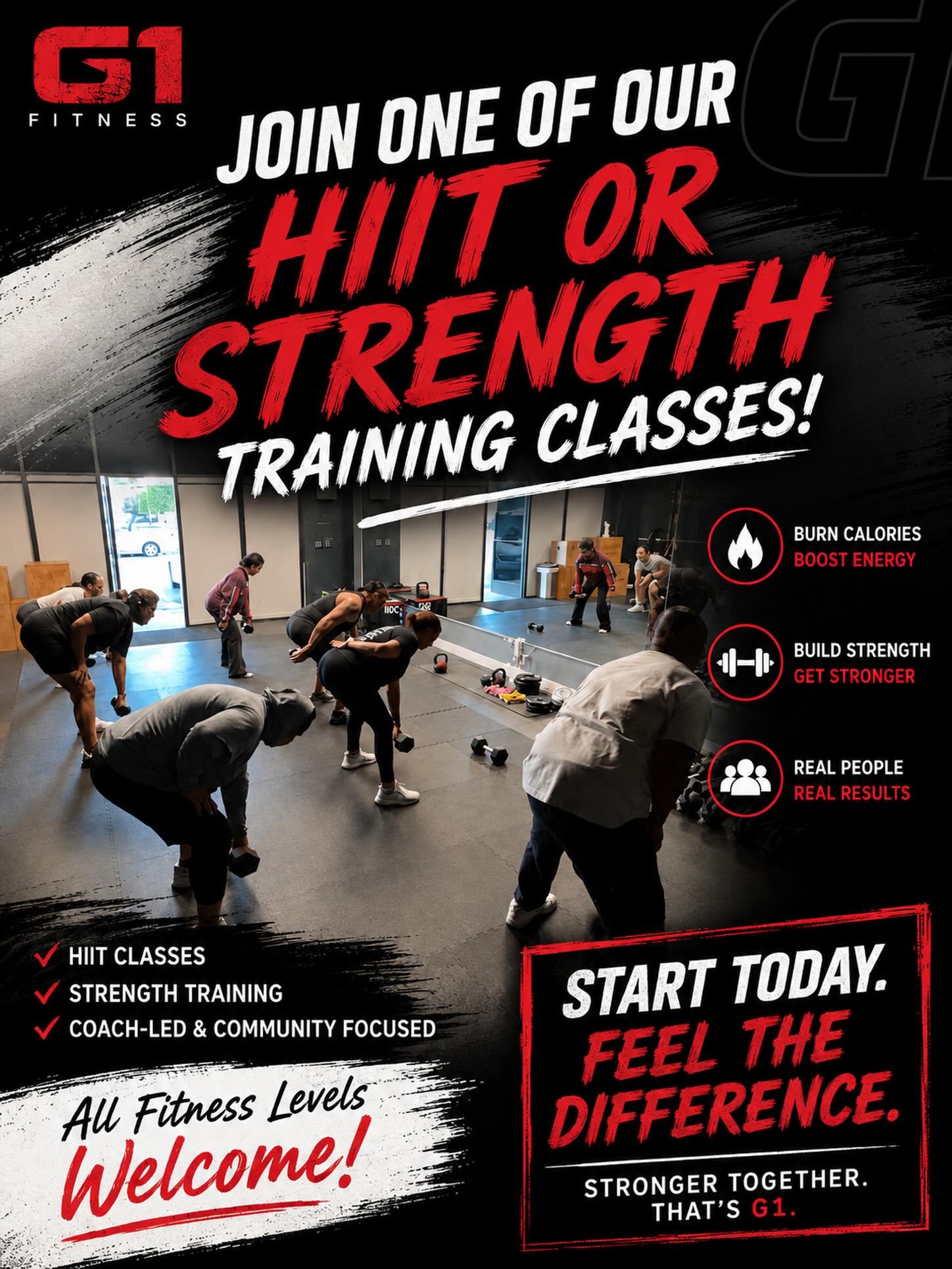 Ready to push yourself in a motivating environment that helps you stay consistent? 💪🏼🔥 
At G1 Fitness in West Anaheim, our HIIT and Strength Training classes are built for real people looking for real results. Whether you&rsquo;re just starting or