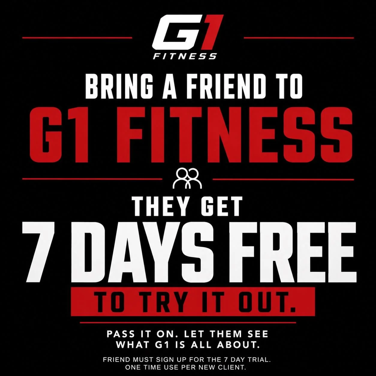 👊 Bring someone with you and let them experience what G1 Fitness is all about.

For a limited time, every new guest gets 7 DAYS FREE to train with us. No better way to see if we&rsquo;re the right fit than by jumping into the workouts and experienci