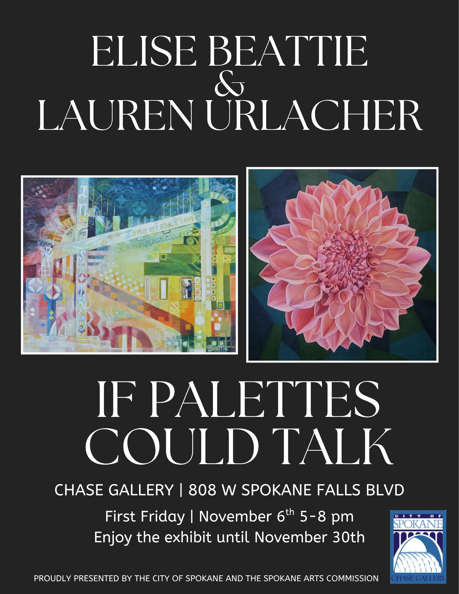 A Chase Gallery exhibit poster featuring colorful paintings by Spokane artists Lauren Urlacher and Elise Beattie