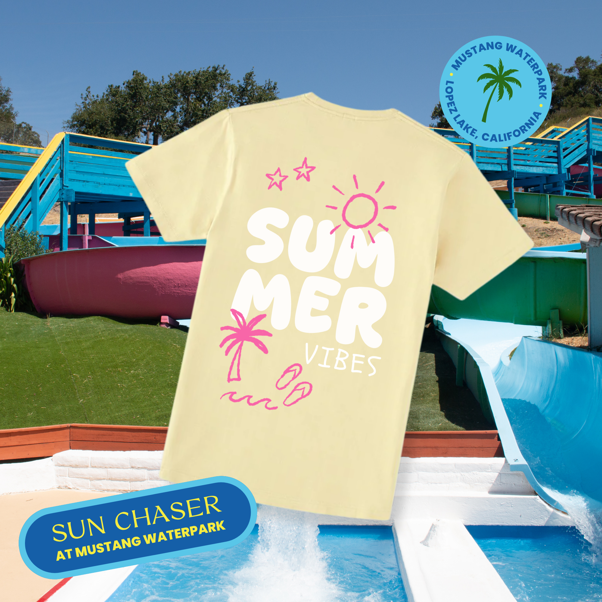 Colorful water slides at Mustang Waterpark in Lopez Lake, California, with merch designs like a yellow sun-themed T-shirt hanging in the foreground and a sign that says 'Sun Chaser'.