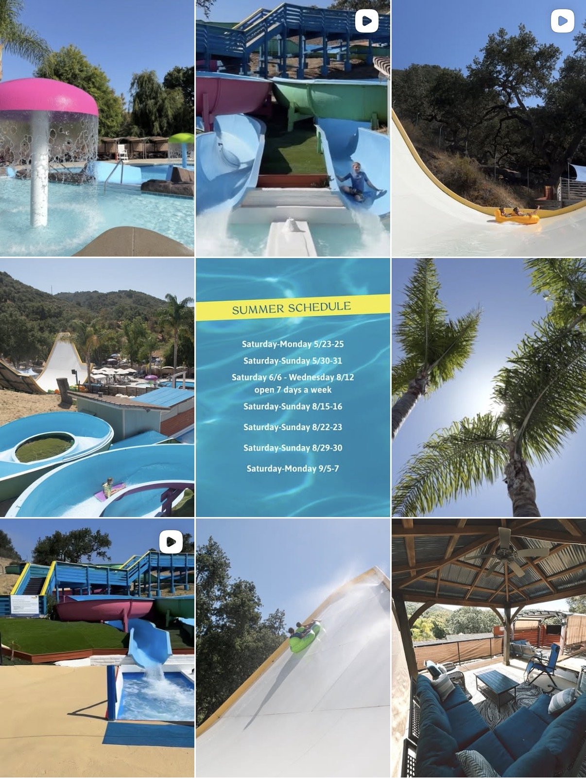 Collage of social media photos from Mustang Waterpark with various water slides, a pool, trees, a schedule of summer hours, and a shaded outdoor seating area. Social media management by Adverb Collective on the Central Coast, CA.