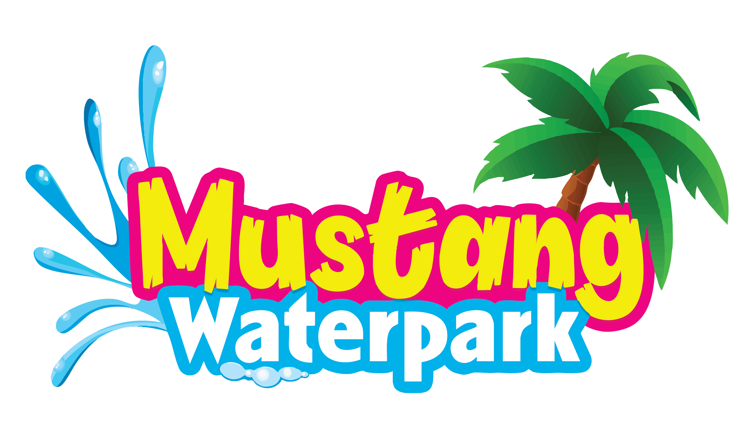 Colorful waterpark sign with splash illustrations, palm tree, and vibrant text that reads 'Mustang Waterpark'.