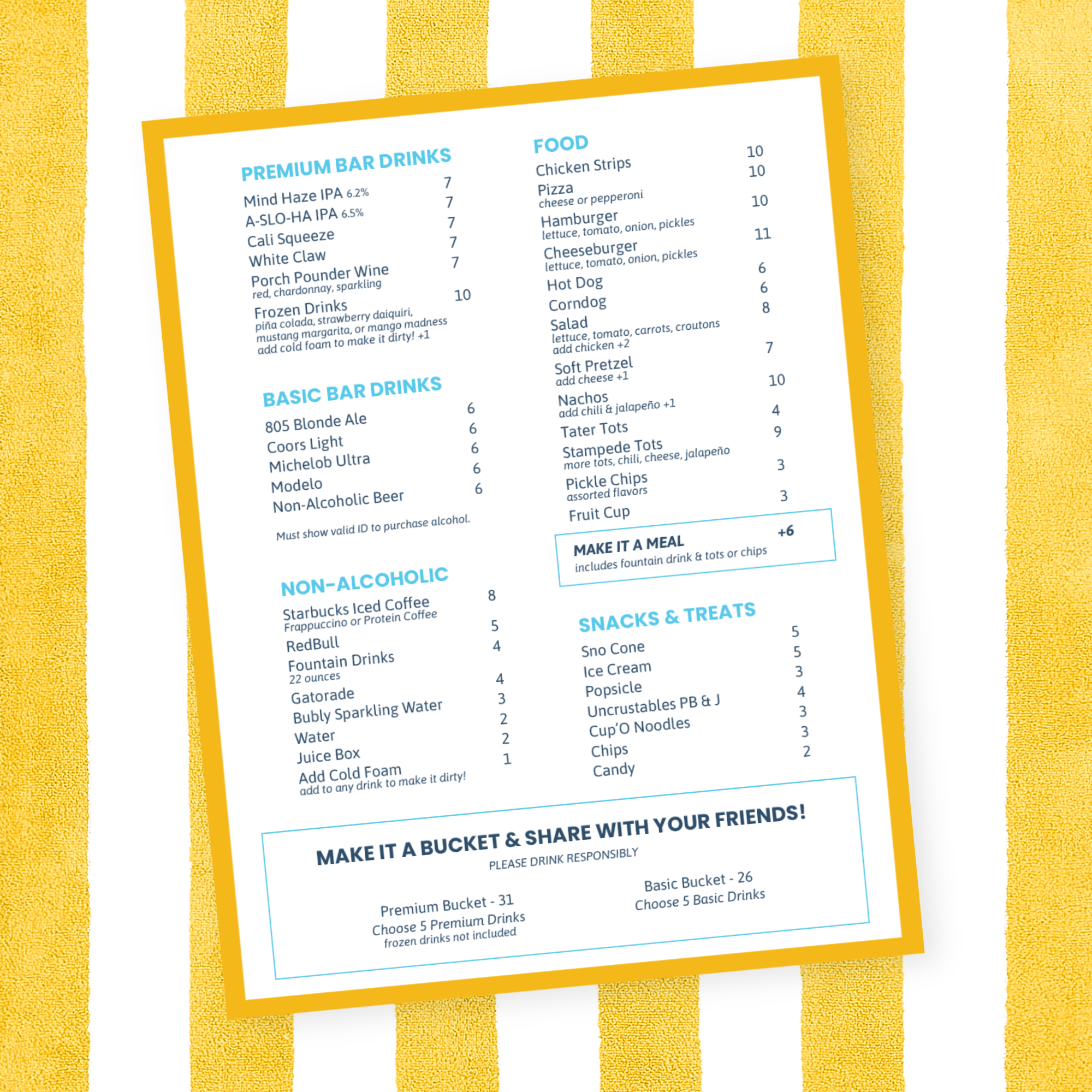 Menu design for Mustang Waterpark featuring food and beverage options, including premium and basic bar drinks, quick bites, snacks, and treats, on a yellow and white striped background.