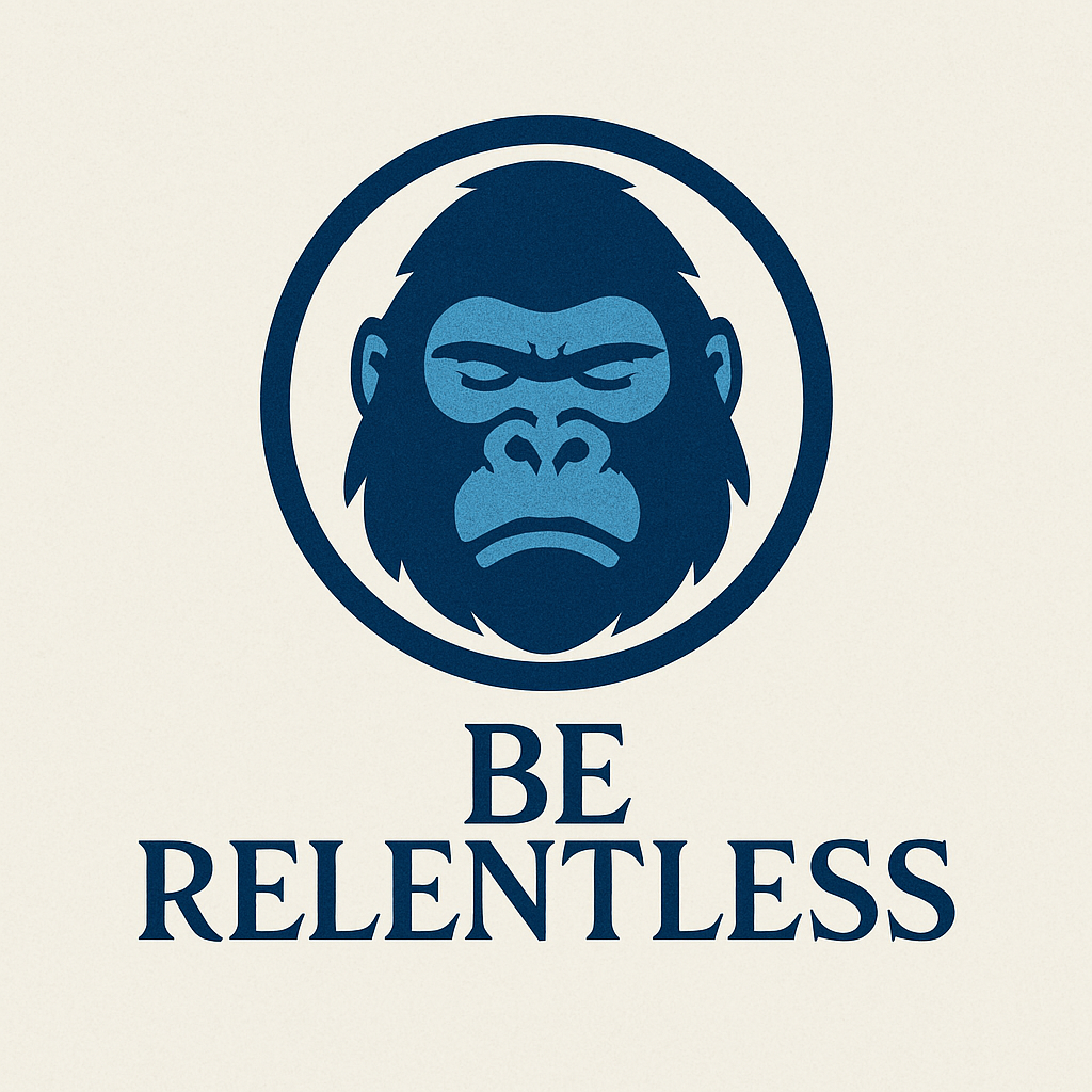 A logo of a fierce-looking gorilla face inside a circle with the words "BE RELENTLESS" below it, in dark blue color.