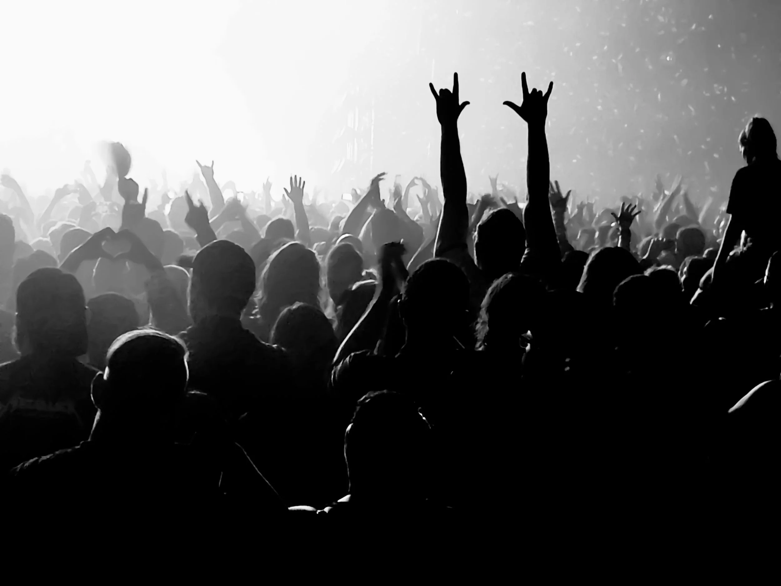 Black and white photo of a crowd at a concert with people raising their hands and enjoying the show.