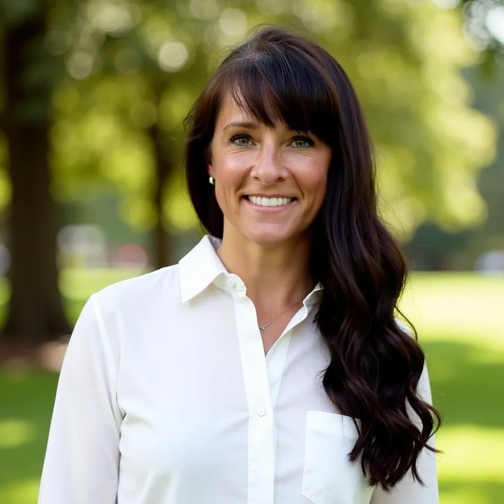 A woman with long dark hair and a white button-up shirt smiling outdoors with trees in the background.