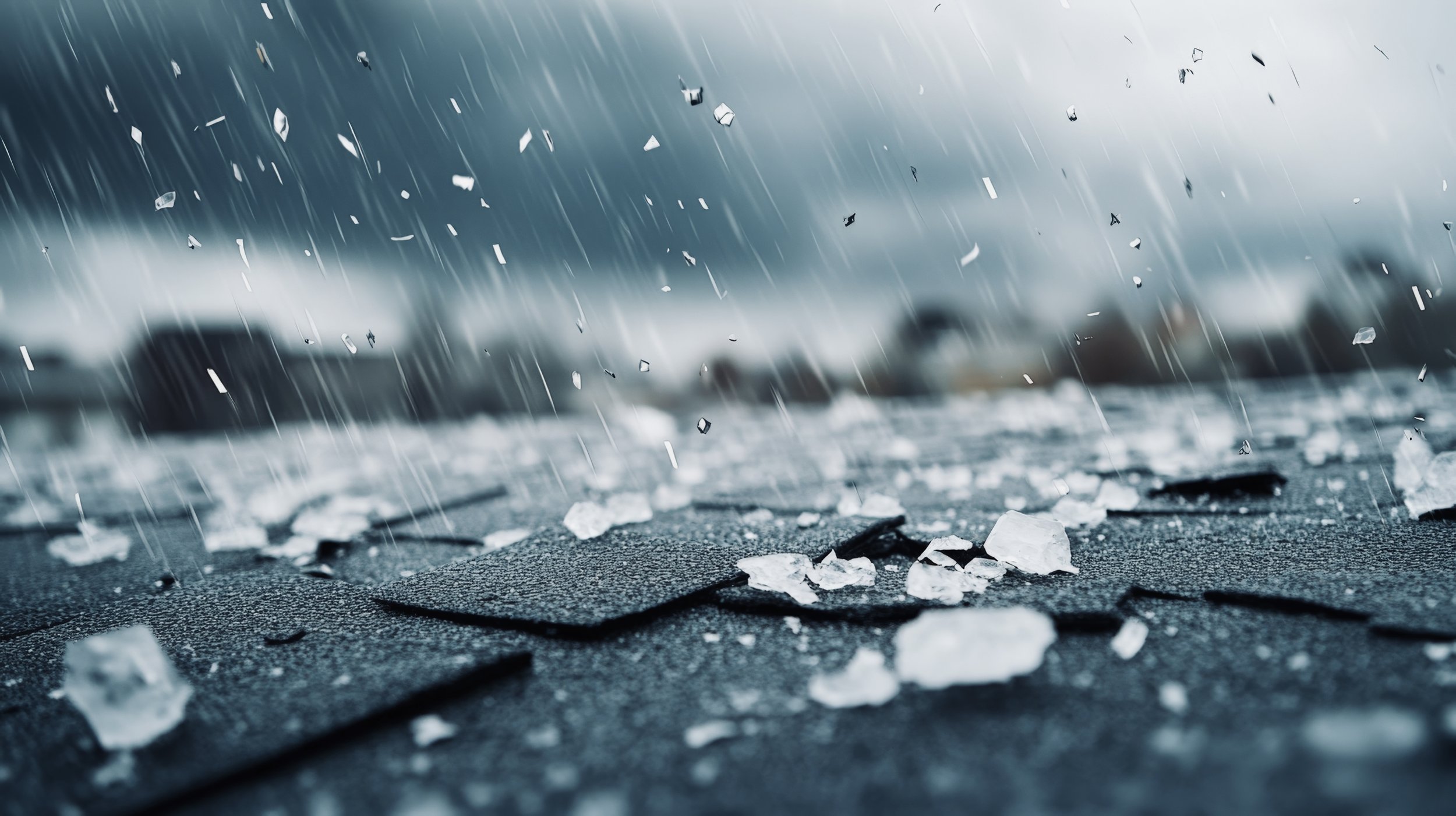 Close-up of broken ice pieces on a wet, textured surface during a rainstorm with streaks of rain falling in the background.