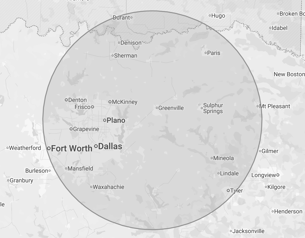 Map showing the Dallas-Fort Worth area, with cities labeled including Dallas, Fort Worth, Plano, Garland, Grapevine, Weatherford, and nearby towns. A large circle encompasses the region.