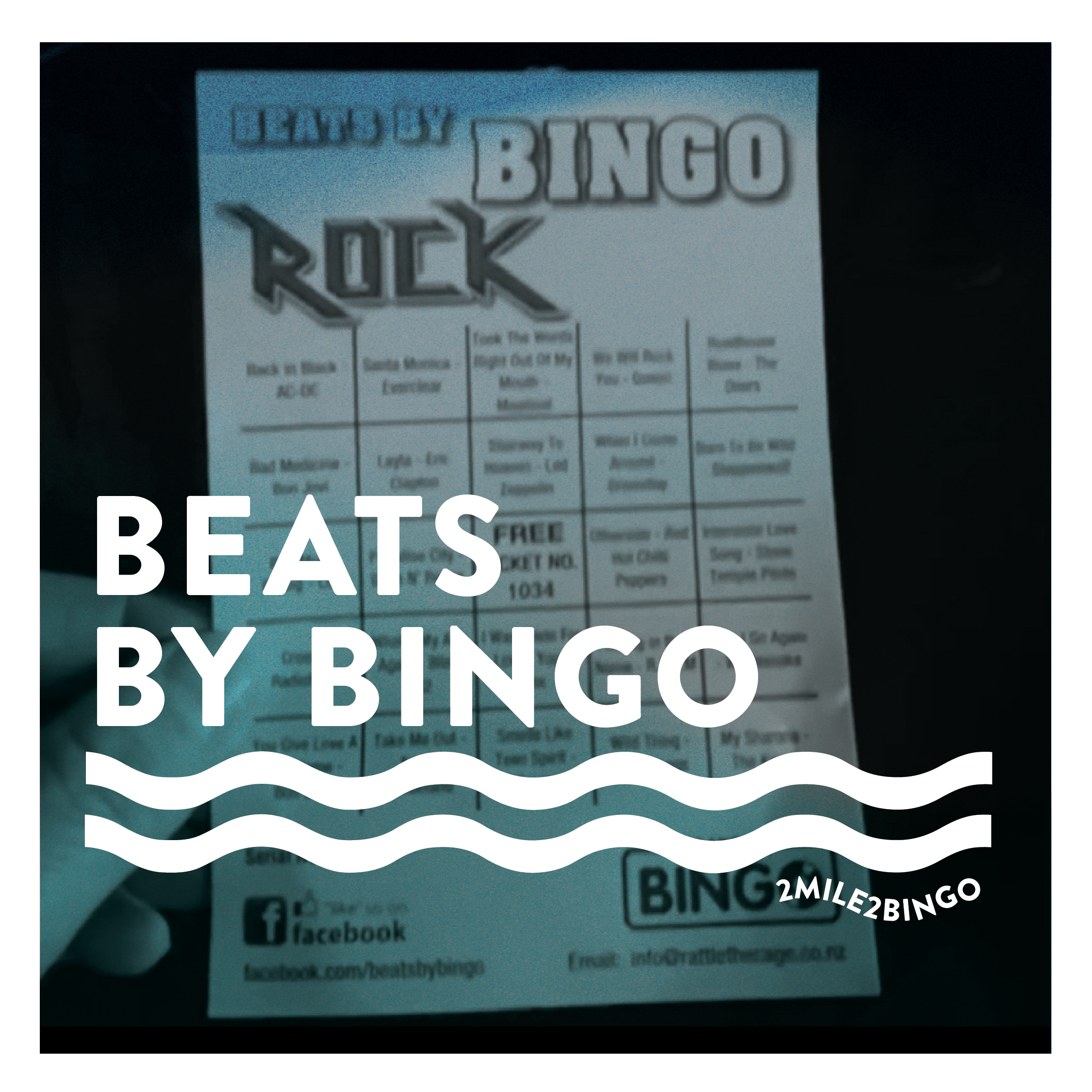A person holding a Bingo sheet for a music bingo event called Beats by Bingo. The sheet has various song titles and artist names. Overlaid on the image are the words "BEATS BY BINGO" and three wavy lines, with "2MILE2BINGO" written on the bottom right.