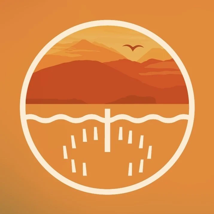 Stylized landscape with mountains, water, and a bird, combined with clock elements, in warm orange tones.