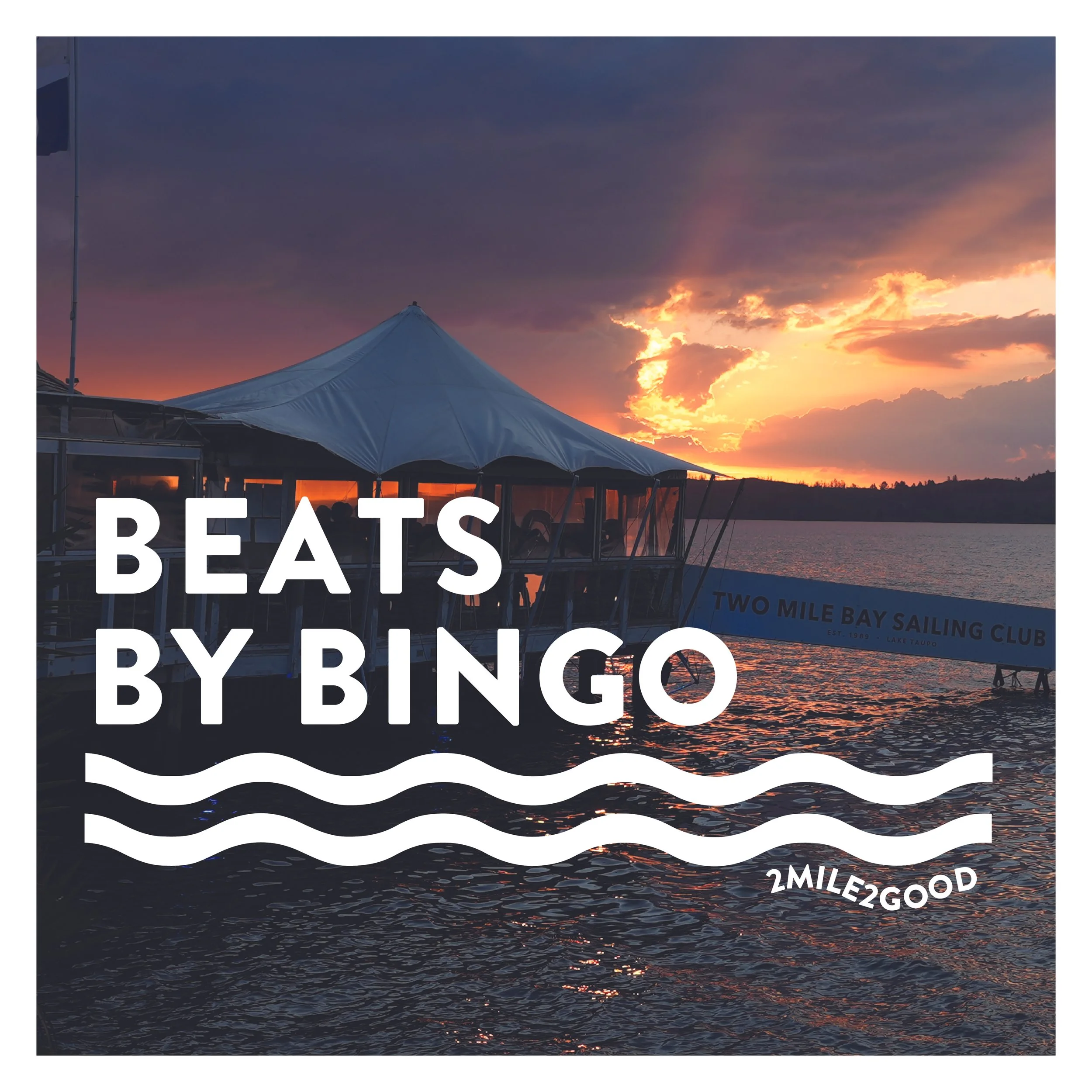 A person holding a Bingo sheet for a music bingo event called Beats by Bingo. The sheet has various song titles and artist names. Overlaid on the image are the words "BEATS BY BINGO" and three wavy lines, with "2MILE2BINGO" written on the bottom right.