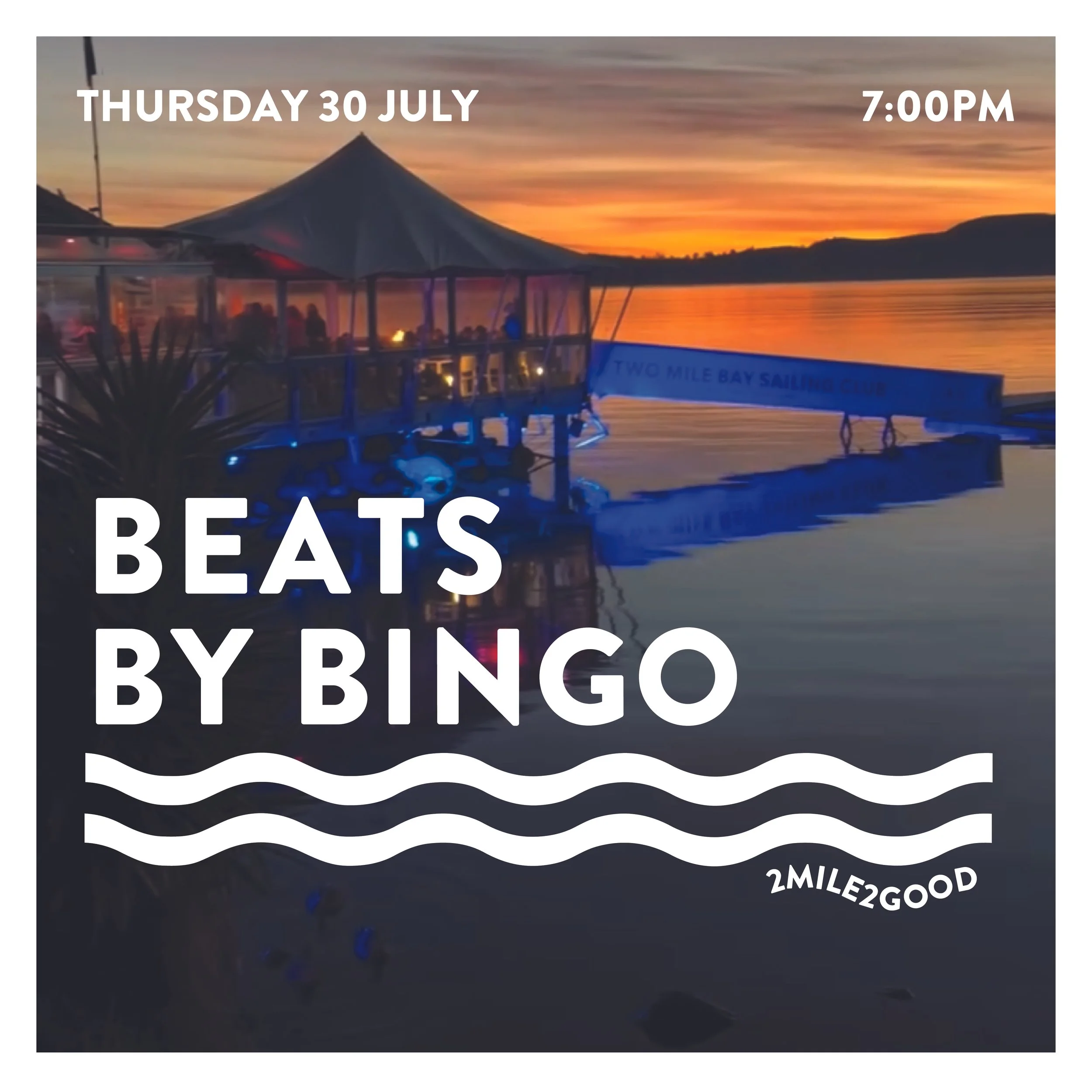 A person holding a Bingo sheet for a music bingo event called Beats by Bingo. The sheet has various song titles and artist names. Overlaid on the image are the words "BEATS BY BINGO" and three wavy lines, with "2MILE2BINGO" written on the bottom right.