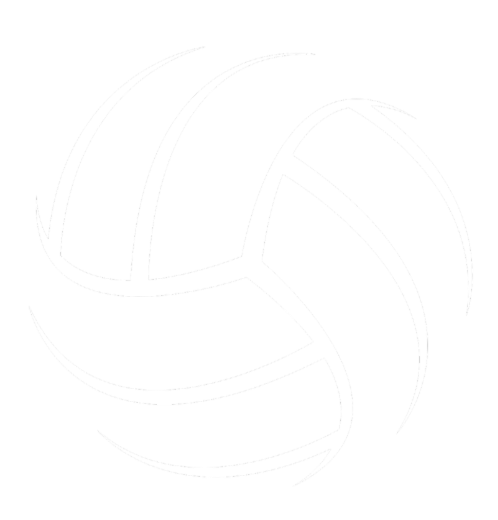 Stylized black and white graphic of a volleyball with curved lines