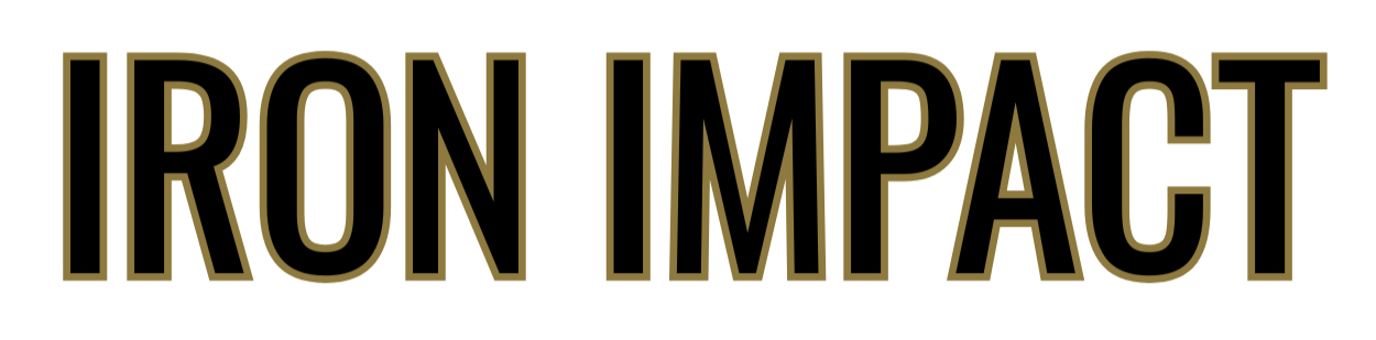 Text that reads 'IRON IMPACT' in bold black letters with gold outline on a dark background.