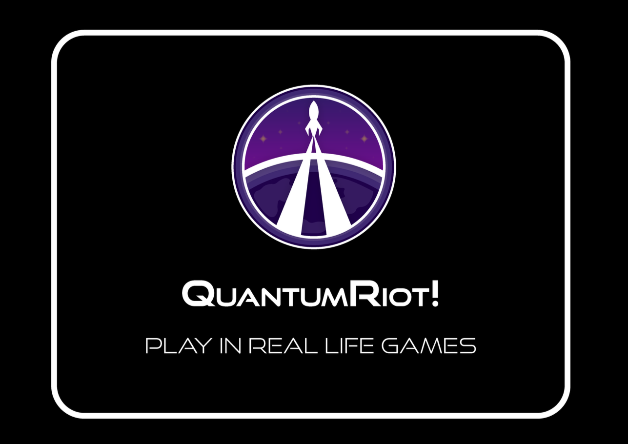 A digital logo with a space-themed rocket and moon scene, with the words 'Quantum Riot!' and 'Play in Real Life Games' on a black background.