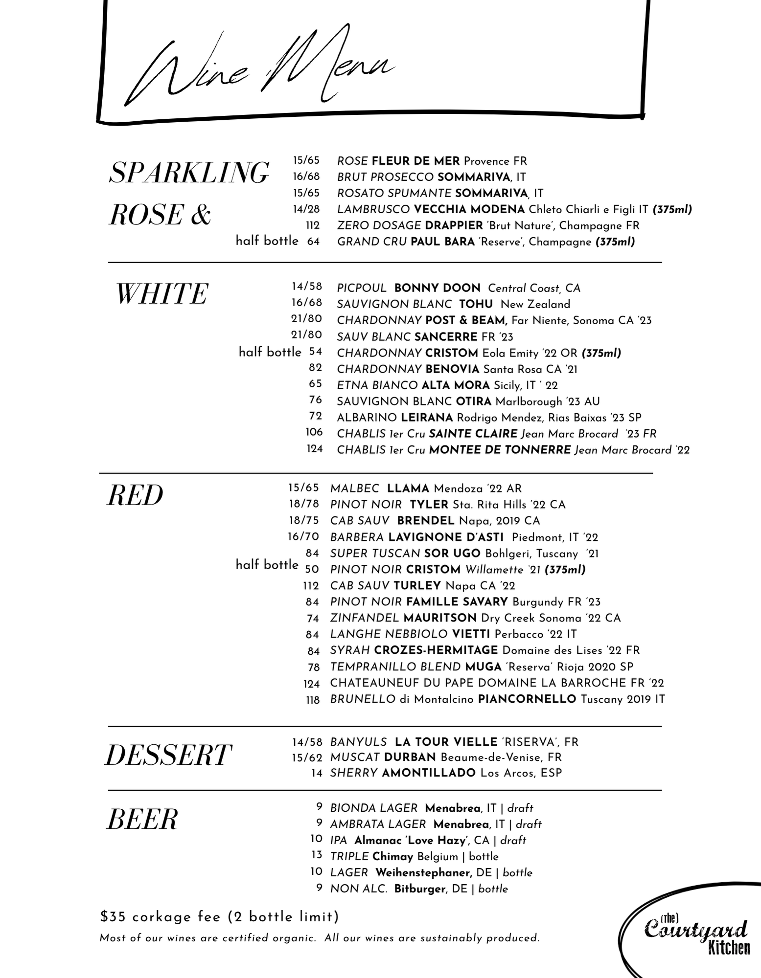 A wine menu with sections for Sparkling, White, Red, Dessert, and Beer, listing various wine and beer options with prices and descriptions.