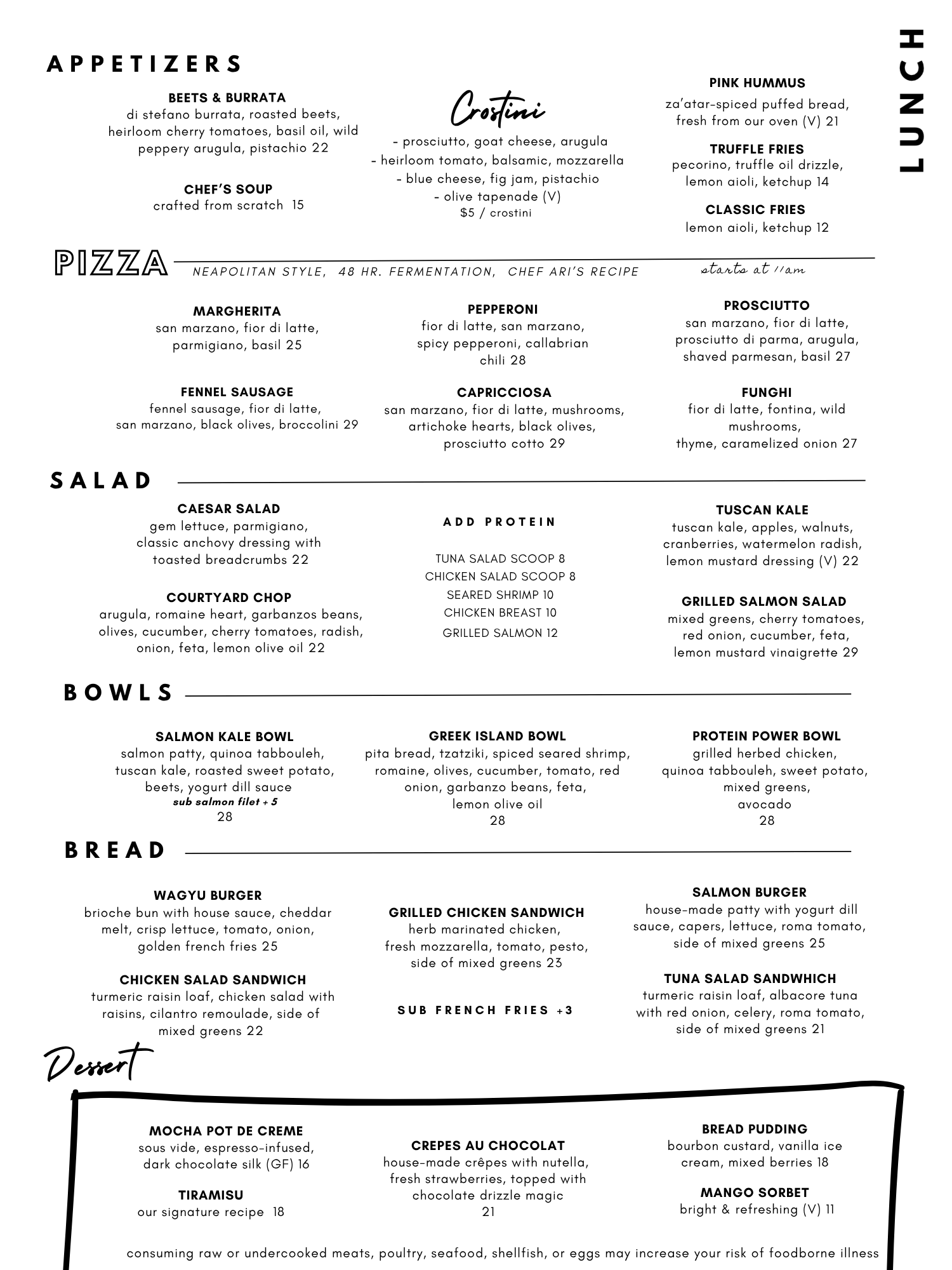 A detailed cafe menu featuring appetizers, pizza, salads, bowls, bread, and desserts with descriptions and prices listed.