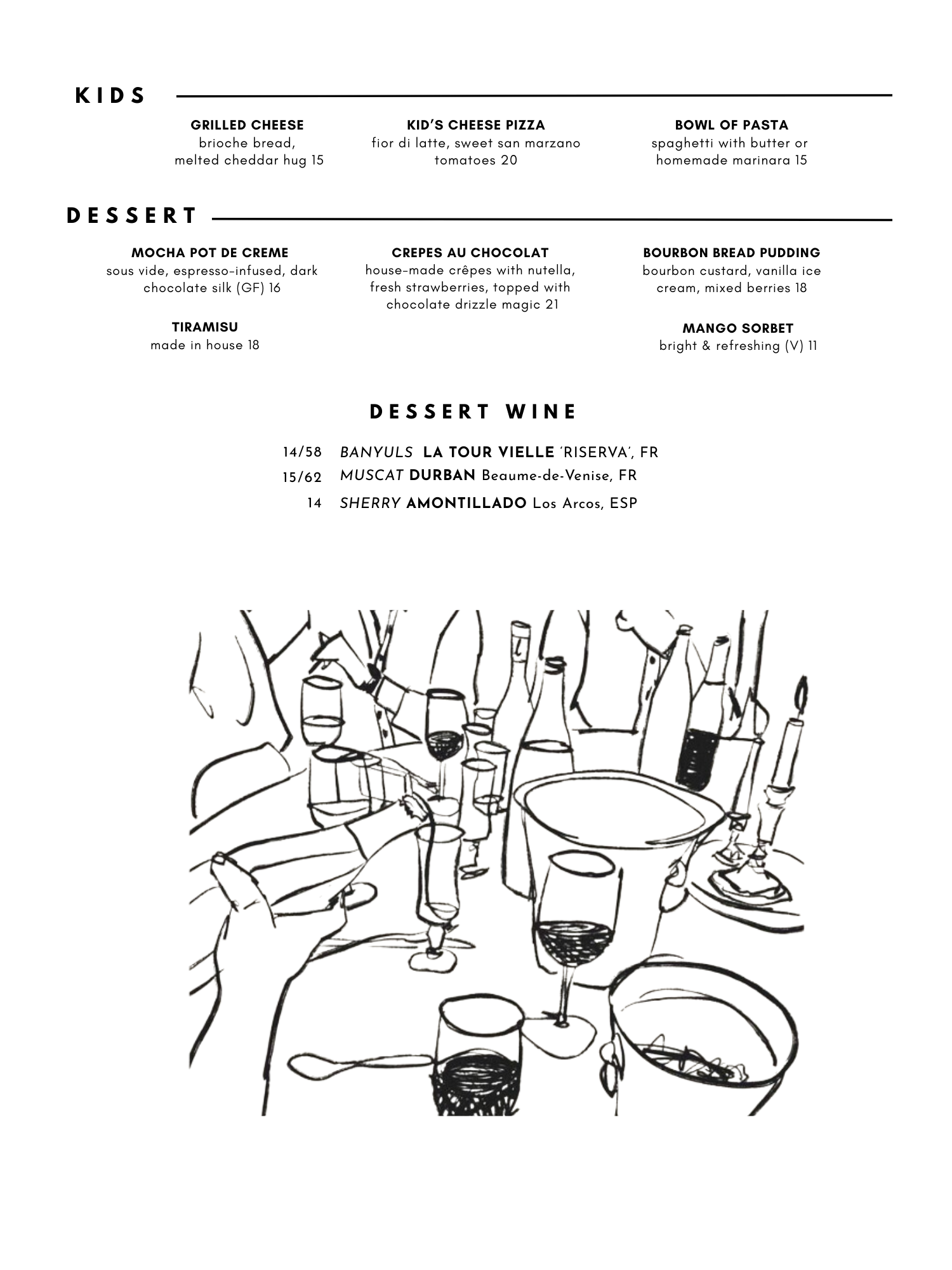 A black and white line drawing of a table at a restaurant or gathering, with people holding glasses of wine and other beverages, surrounded by bottles and candles.