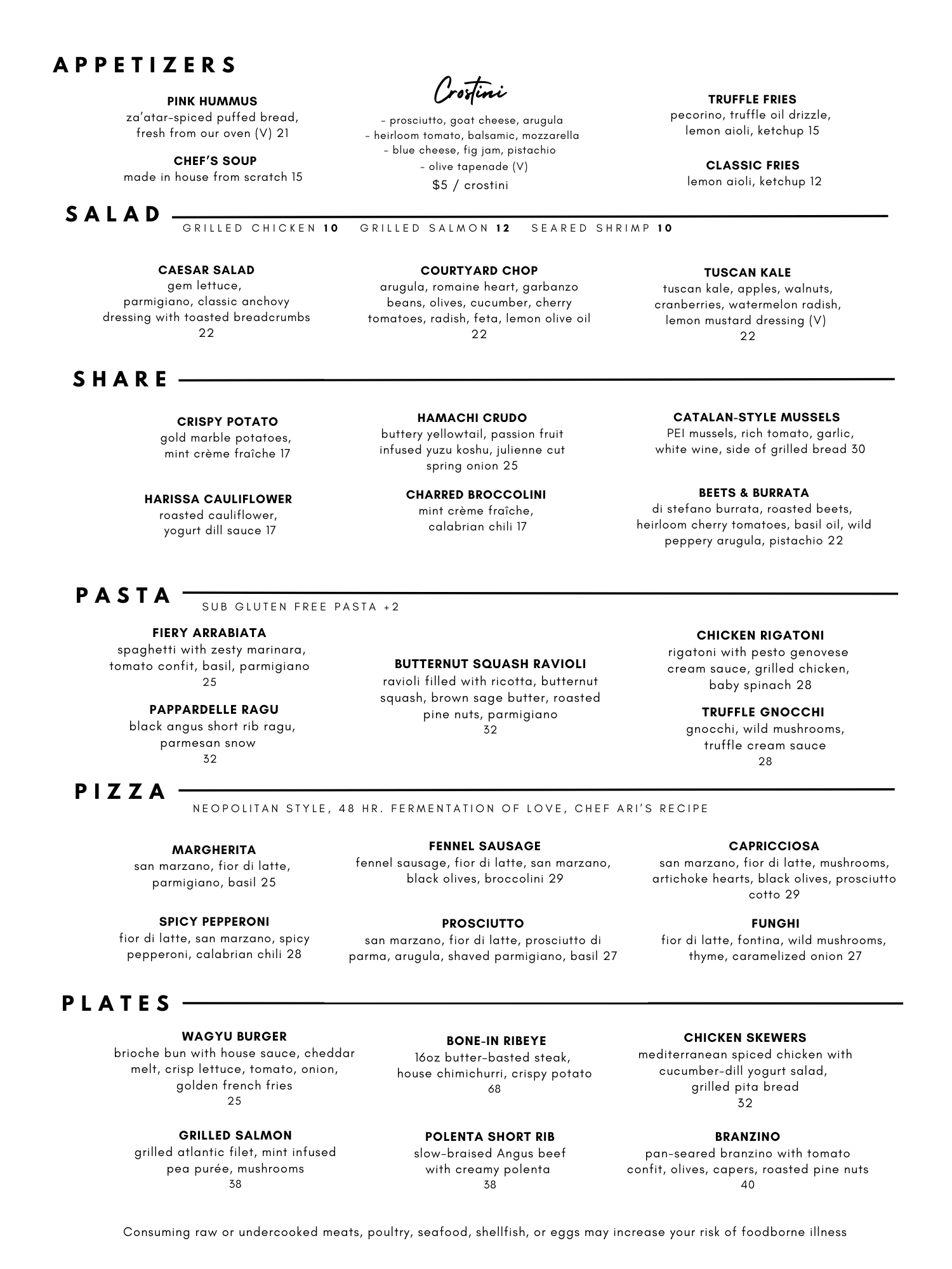 A menu with sections for Appetizers, Salad, Share, Pasta, Pizza, and Plates. It lists various dishes along with descriptions and prices.