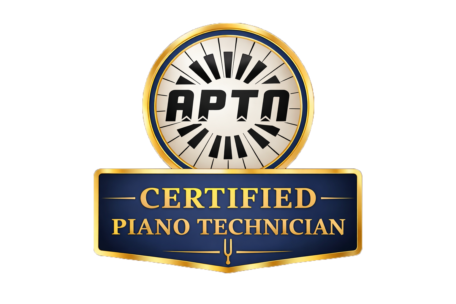 A badge with a clock and the word 'APTO' in the center, and a banner below that reads 'Certified Piano Technician' with a tuning fork icon.