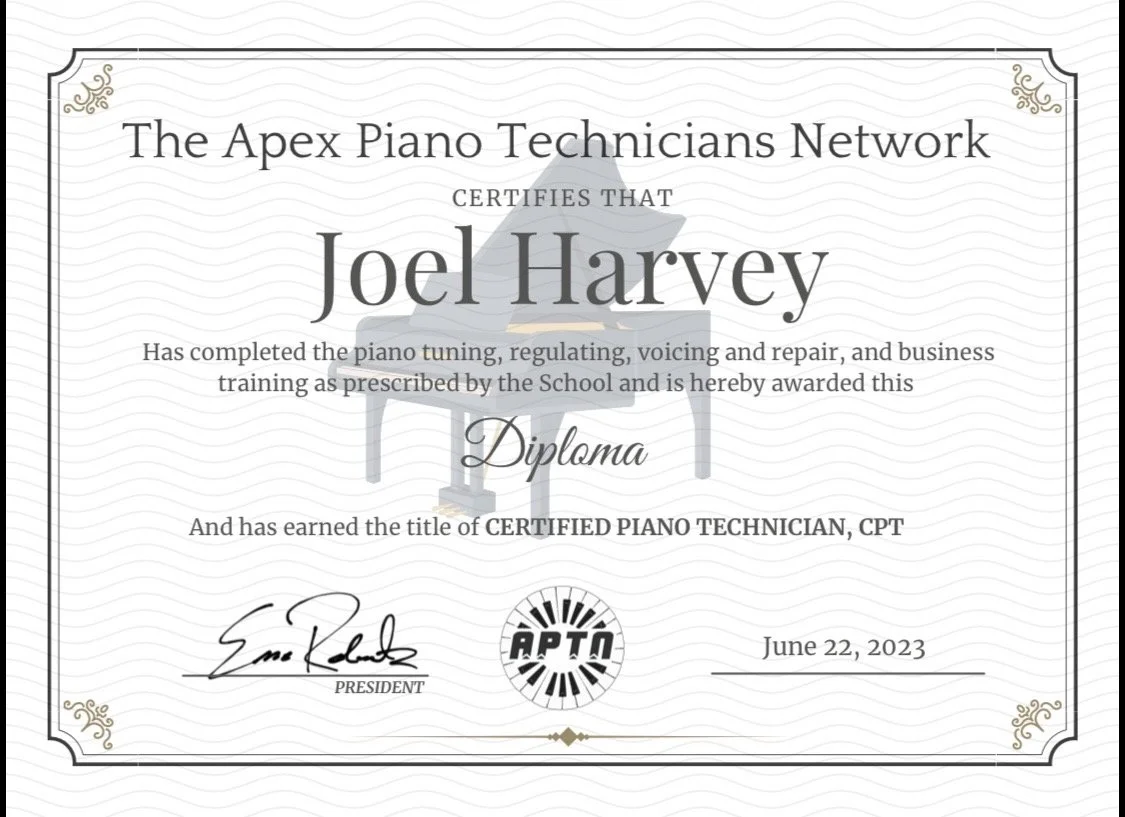 Diploma certificate awarded to Joel Harvey by The Apex Piano Technicians Network, dated June 22, 2023, with a graphic of a grand piano in the background.