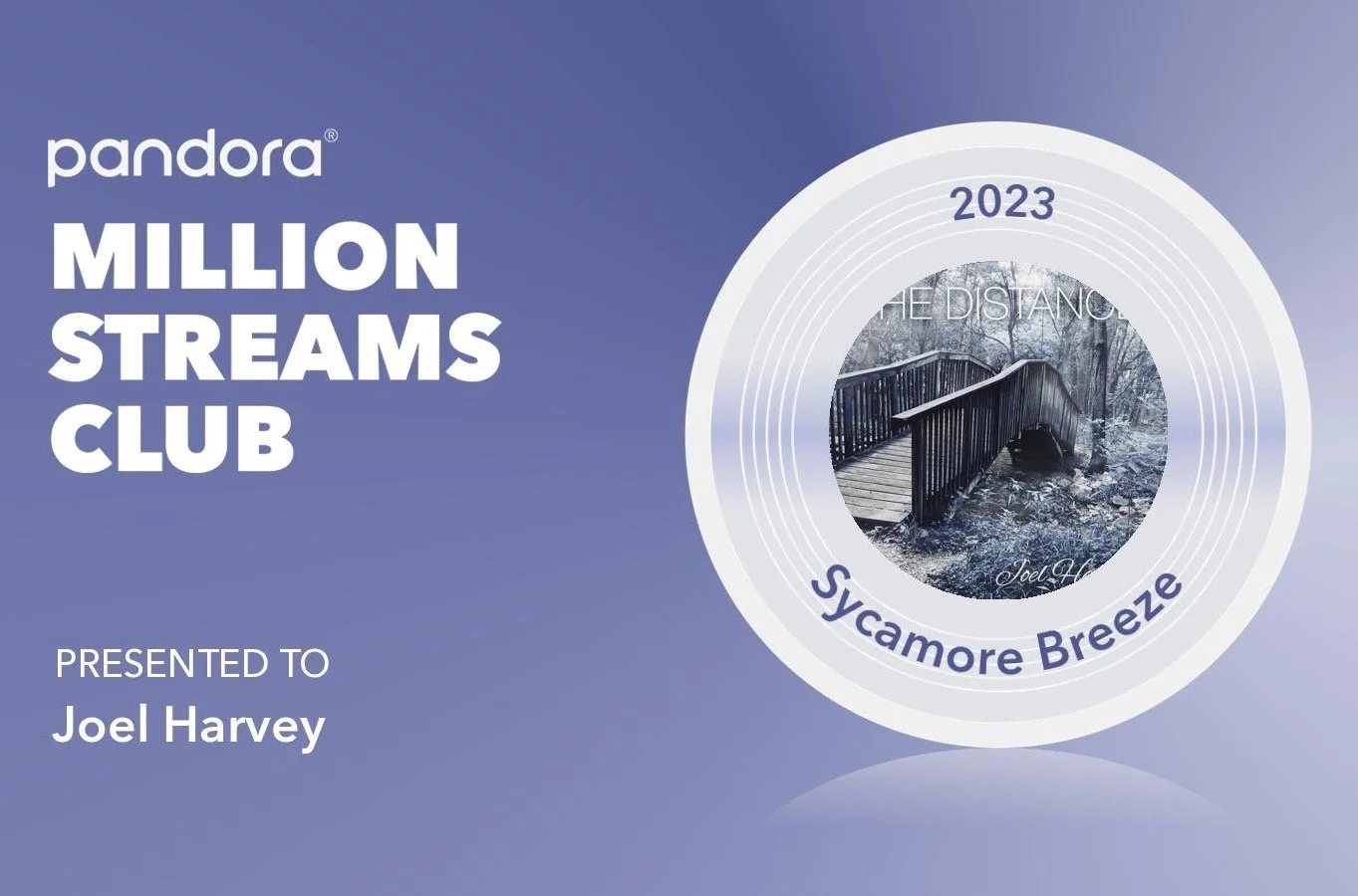 A digital certificate from Pandora awarding Joel Harvey for reaching one million streams of 'Sycamore Breeze' in 2023, featuring a photo of a wooden bridge over a creek.