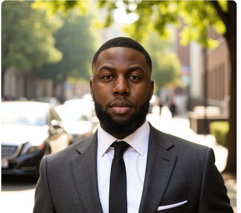 A man in a gray suit and black tie stands outdoors on a city street, with cars and trees in the background.