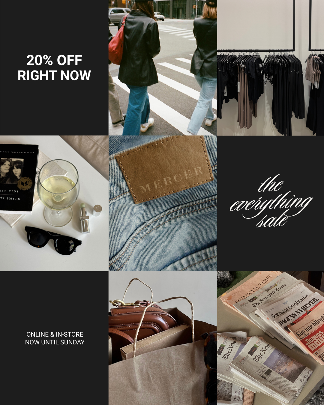 Collage of photos showing a shopping sale event with clothing racks, people walking outdoors, a display of sunglasses and beauty products, a cup of white wine, a pair of jeans with a leather tag, handbags, newspapers, and promotional text stating "20