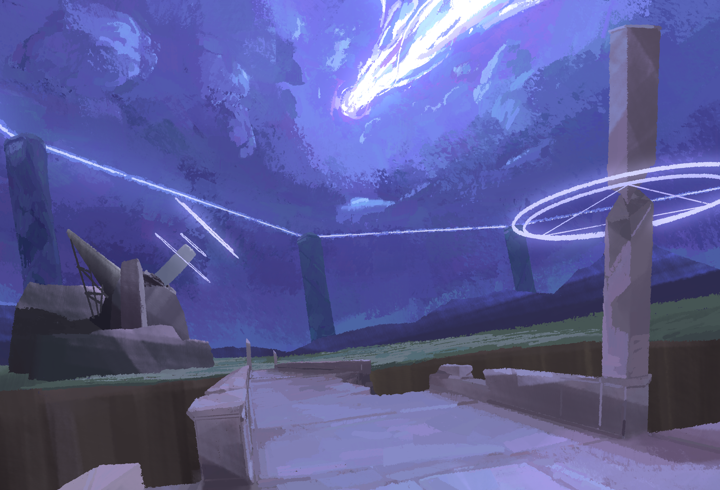 A digitally illustrated landscape with a science fiction theme, featuring a starry sky with lightning and clouds, a stone monument, tall pillars, and glowing futuristic laser or light trails in the sky.