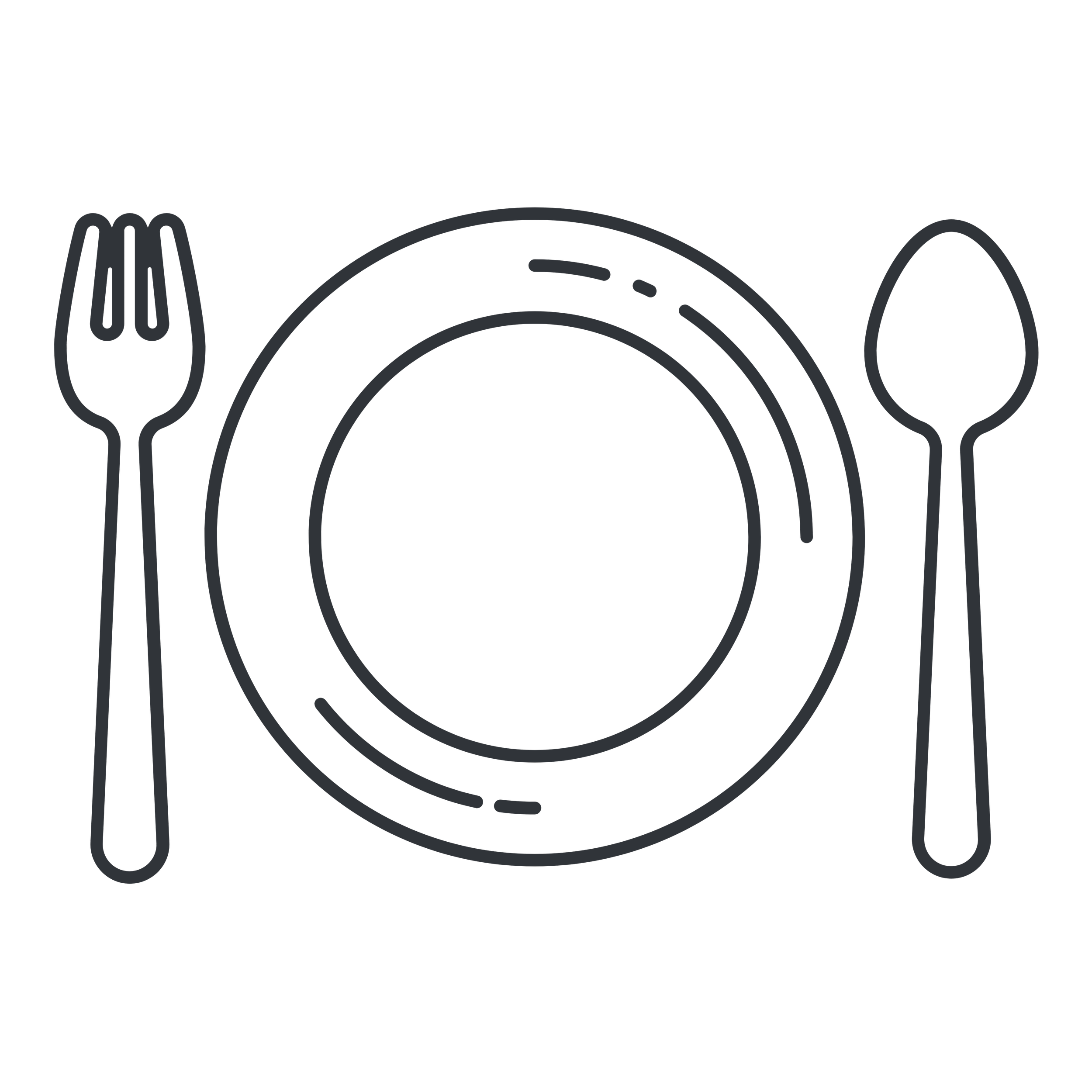 Outline of a plate with a fork on the left and a spoon on the right on a black background.