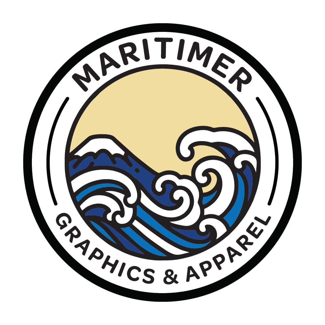 Maritime-themed logo with a stylized crashing wave and Mount Fuji in the background, encircled by text that reads 'Maritime Graphics & Apparel'.