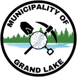Municipality of Grand Lake logo featuring a map, clock, hammer, and trees with a lake background.
