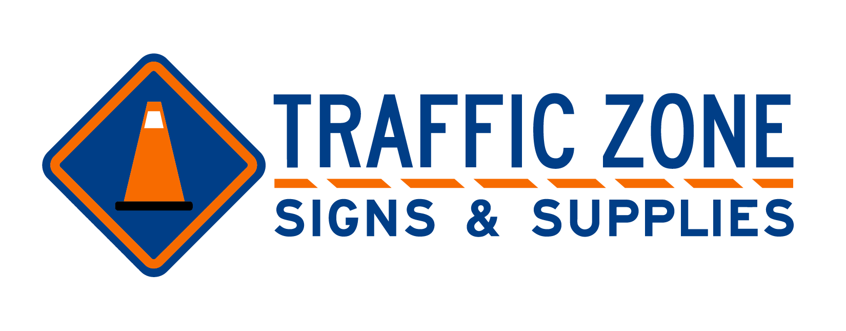 Sign with traffic cone icon and text 'Traffic Zone Signs & Supplies' in blue and orange colors.