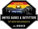 Logo of United Guides & Outfitters of New Brunswick, established in 2023, featuring a boat on water with a bear silhouette and a red and yellow banner.