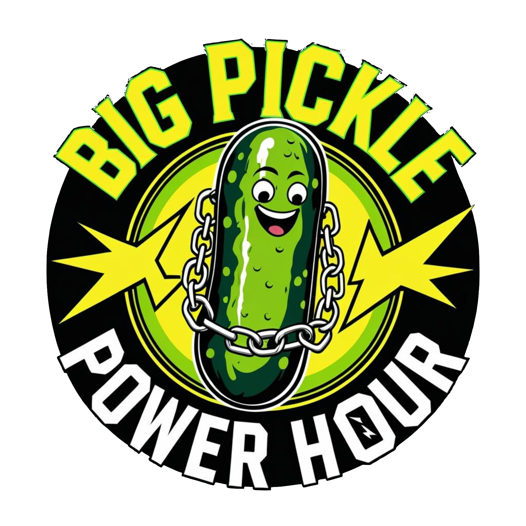 A logo for 'Big Pickle Power Hour' featuring a happy cartoon pickle with big eyes, open mouth, chains around it, and yellow lightning bolts behind it on a black background.