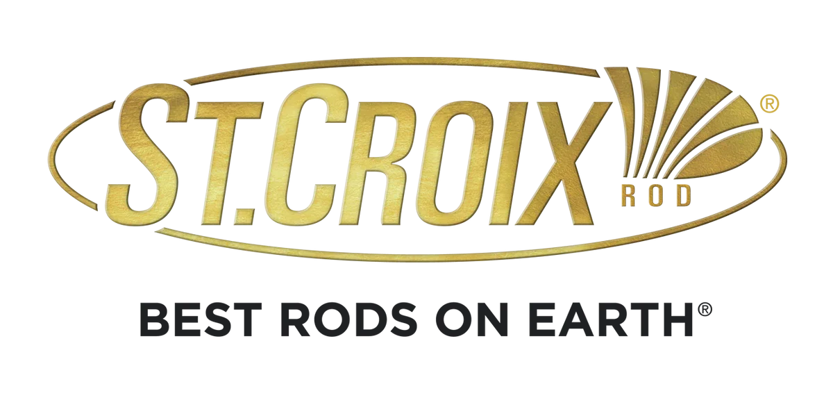 St. Croix Rod logo in gold with a black background, featuring a stylized fishing rod with lines representing fishing lines.
