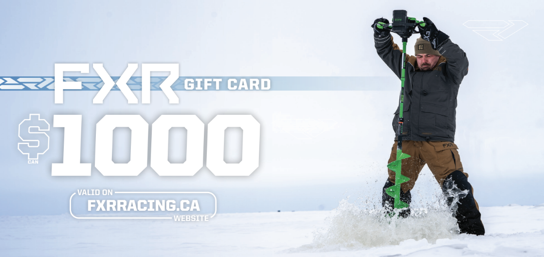A man dressed in winter gear using an ice auger to drill into the snow or ice in a snowy landscape, with a light blue background and text about an FXR $1000 gift card.
