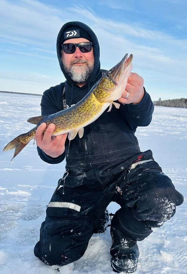 Man wearing black winter clothing, sunglasses, and a beanie hat kneeling on snow and holding a fish, likely a pickerel, outdoors on a frozen lake during winter.