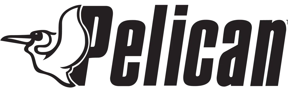 Black and gray logo with the word "Pelican" and an outline of a bird with long, swirling feathers.