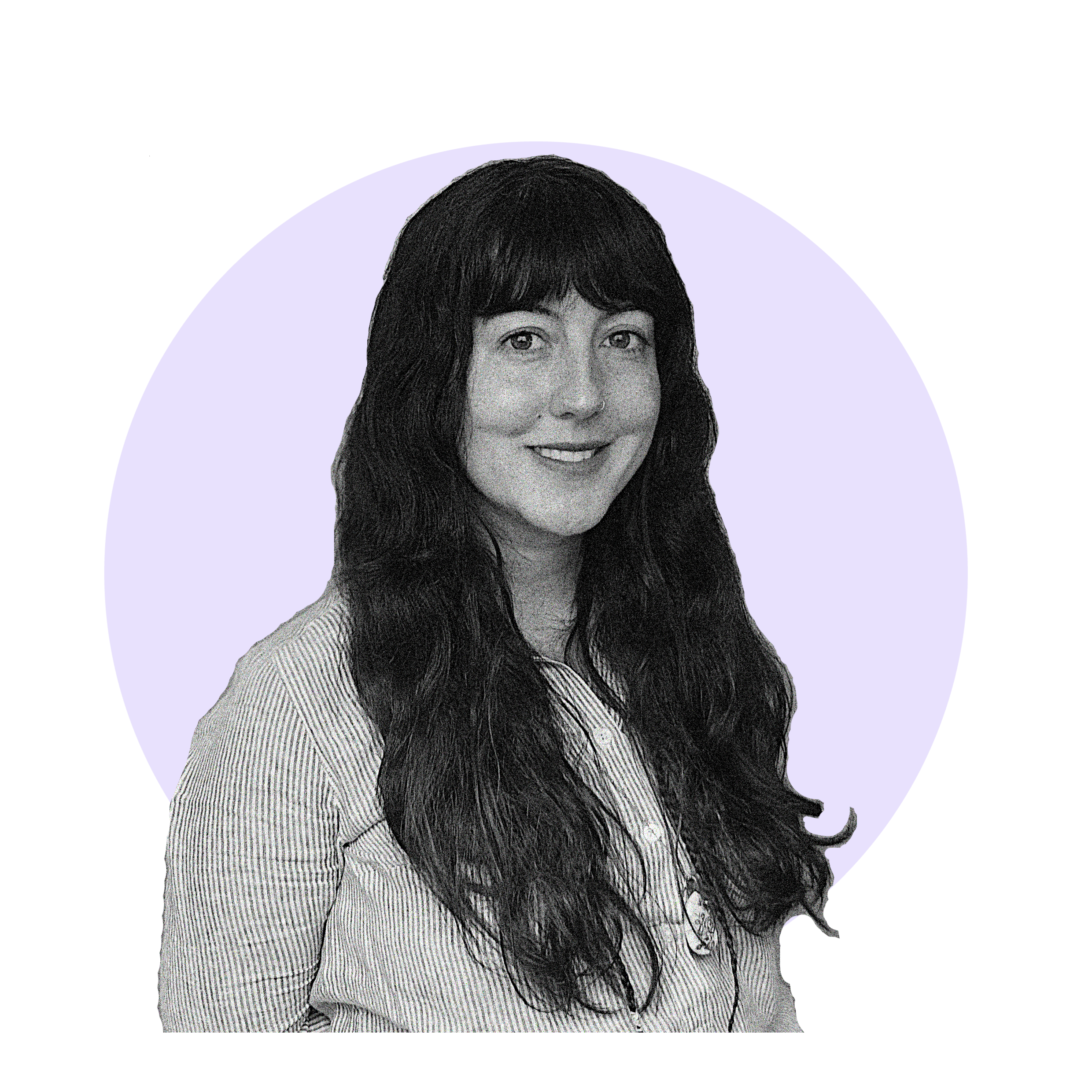 Black and white portrait of a woman with long wavy hair, smiling, against a circular light purple background with a black outer background.