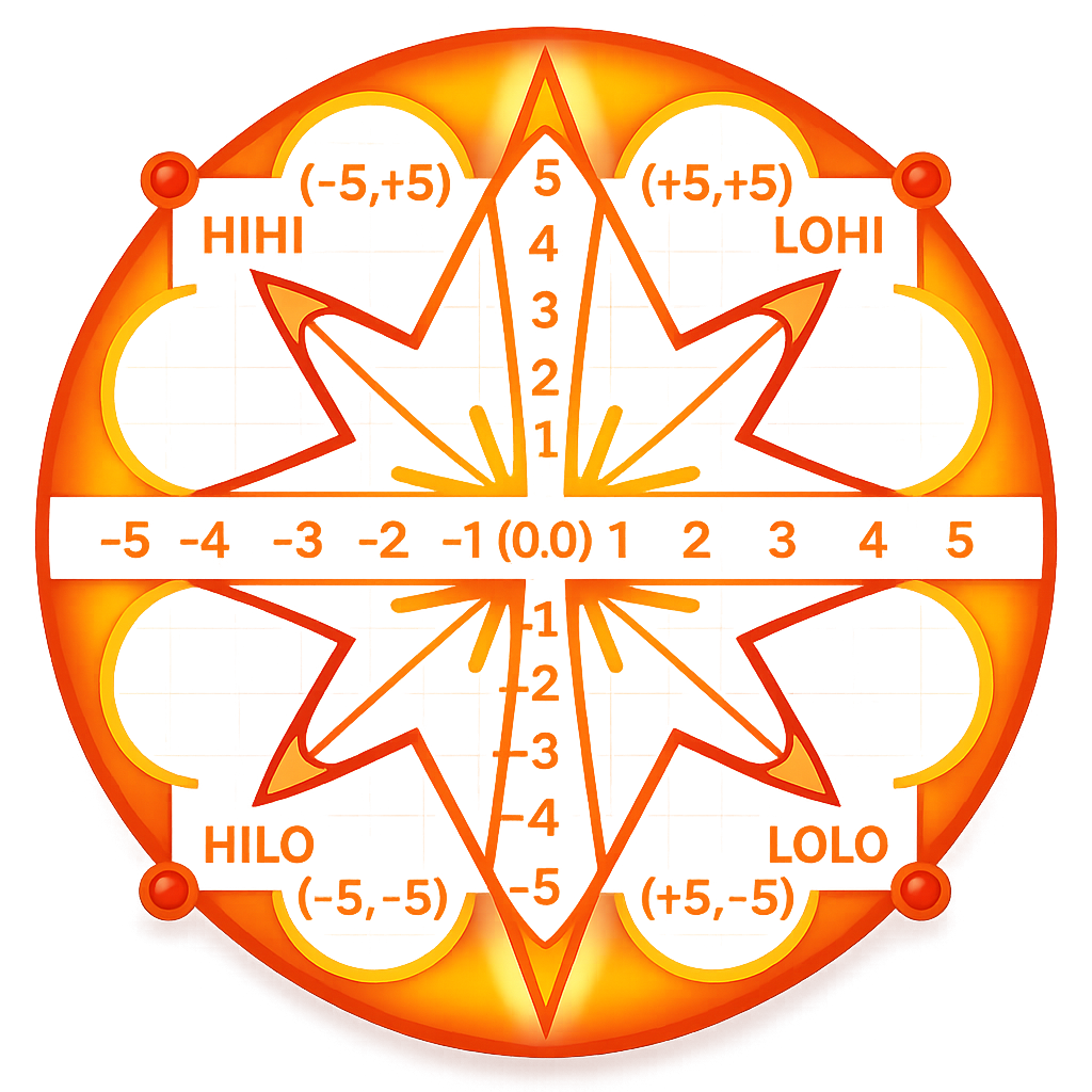 A bright, glowing, orange circular diagram with a star-shaped pattern in the center, surrounded by various labels and numerical scales, resembling a game or a chart.