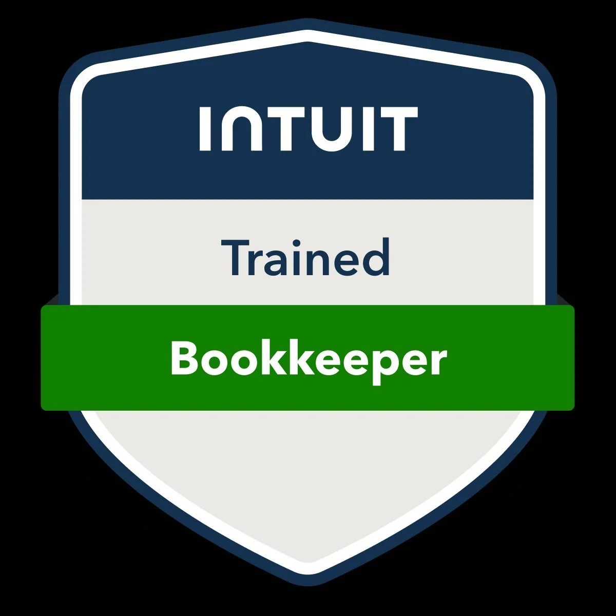 Badge with the word 'Intuit' at the top, 'Trained' in the middle, and 'Bookkeeper' on a green banner at the bottom.