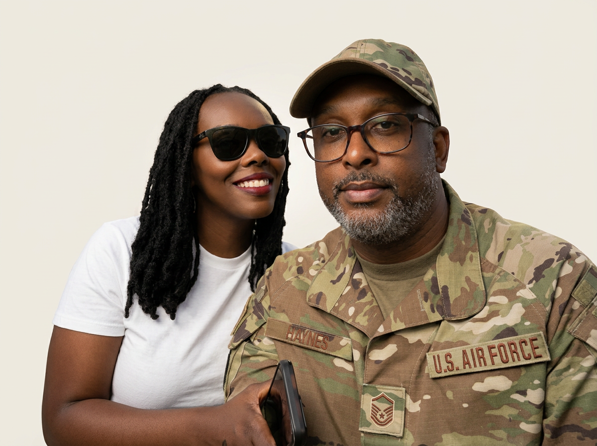 A woman with dreadlocks and sunglasses standing next to a man in military uniform with glasses, both smiling and looking at the camera.