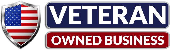 Shield emblem with American flag and the text "Veteran Owned Business" in bold letters