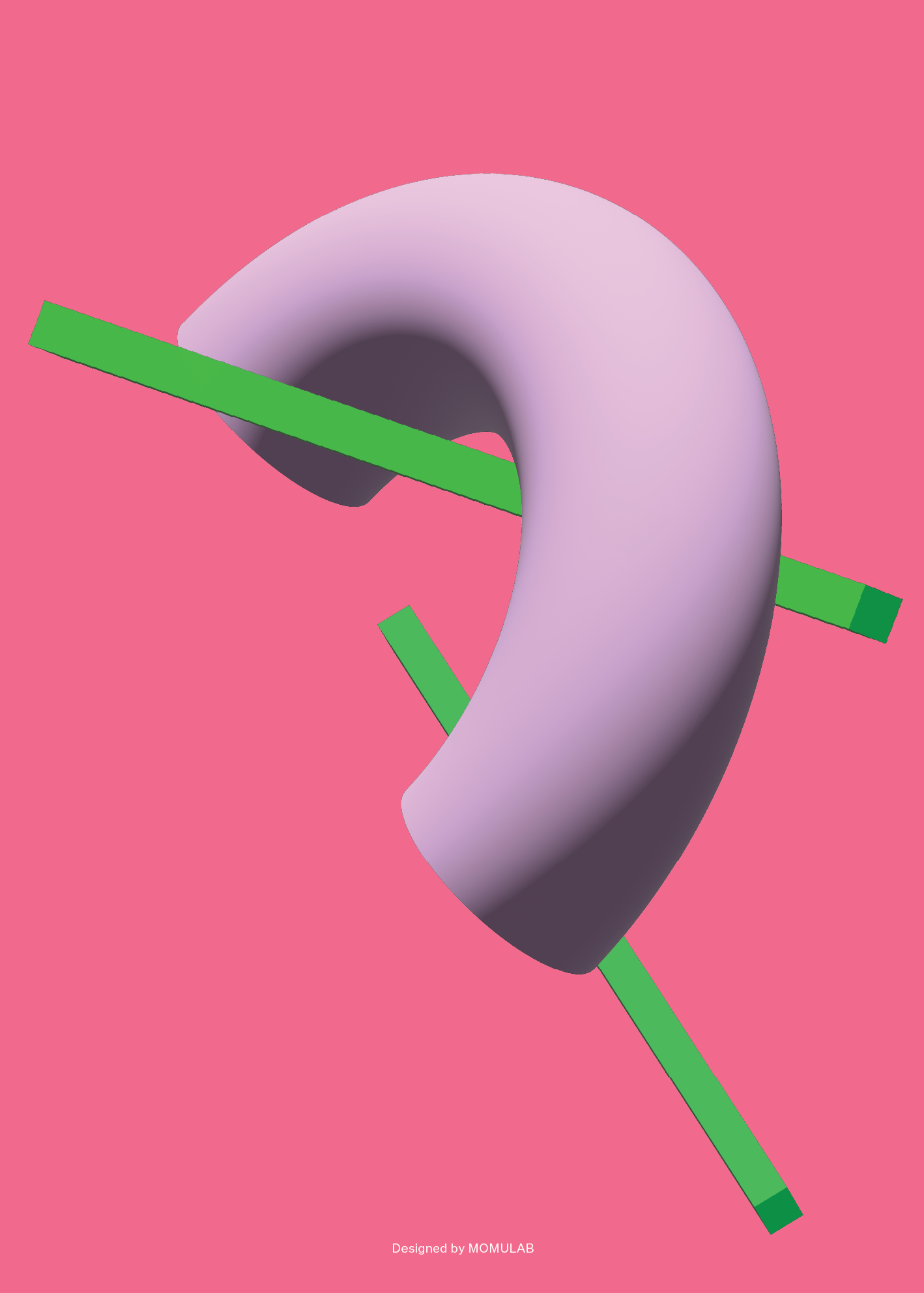 Violetin värinen, muotoiltu 3D-tegeri hopeinen nähtävissä pinkillä taustalla, kolmella vihreällä suorakulmaisella palkilla ristikkäin.