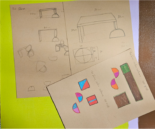 Kuvassa on luonnoksia ja piirustuksia, joissa on kalustevaihtoehtoja, kuten pöytiä ja istuimia, sekä värikosmetiikkalevyjä ja geometrian muotoja.