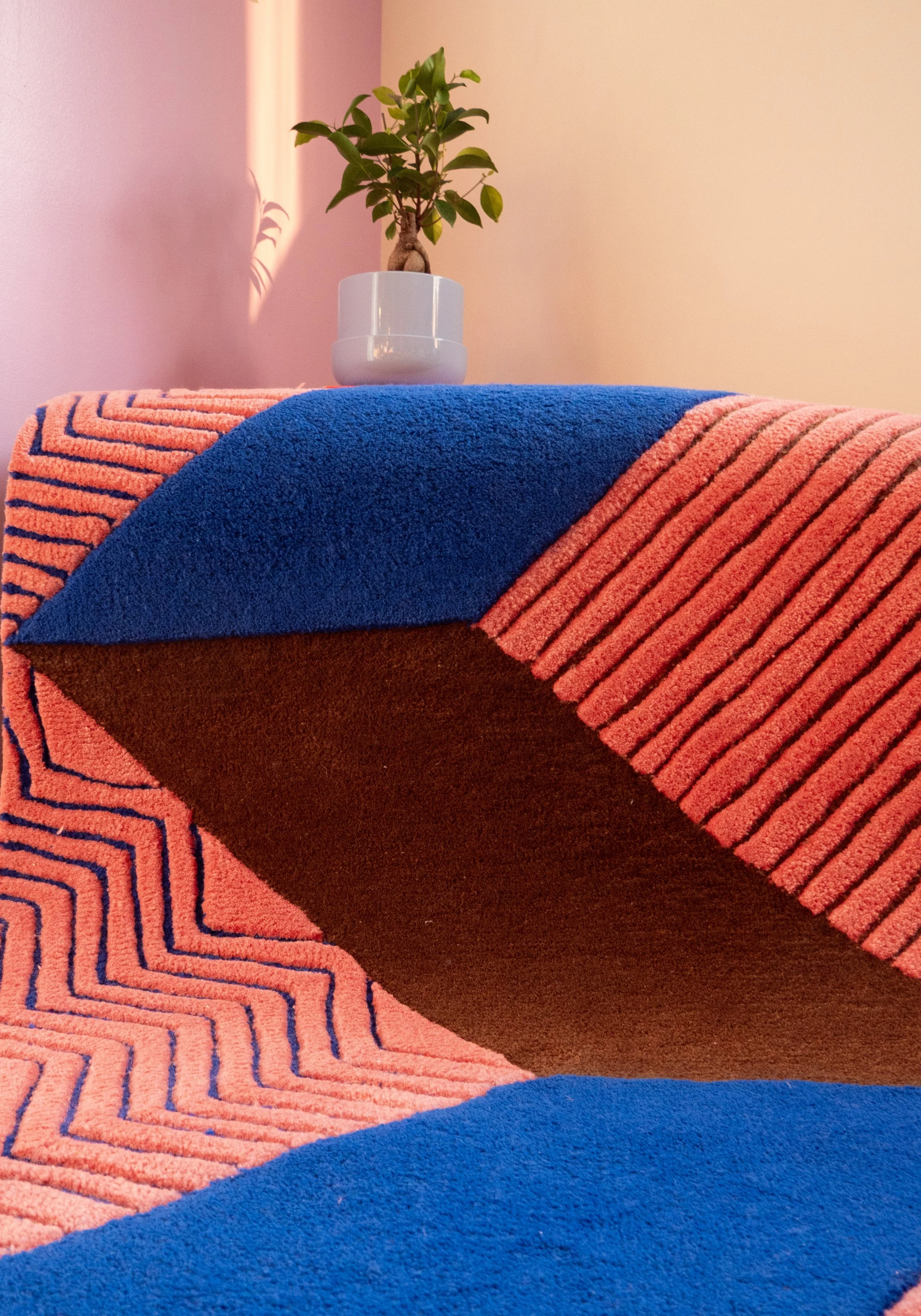 Väriä sisältävä, geometrinen verho tai huopa, sekä pieni kasvi kukkaruukussa taustalla.