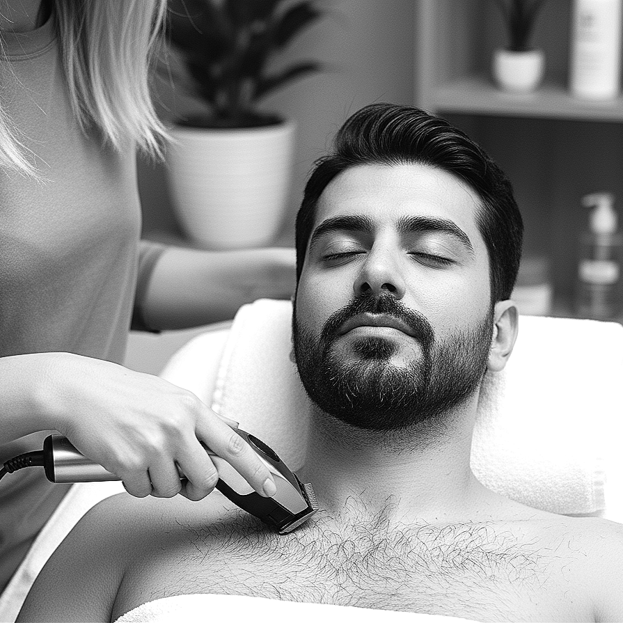 A man at HISkin receiving a groom/ shave with an electric razor/clippers at HISkin, lying back with eyes closed. Relaxing, professional, skin care, clippering, hair removal Melbourne