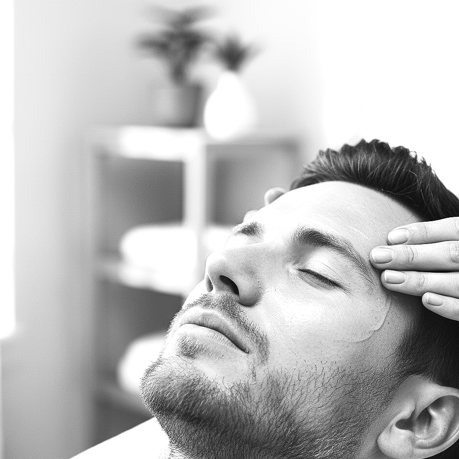 Man at HISkin receiving a facial massage or skincare treatment in a spa or clinic setting. He is also getting his eyebrows done.